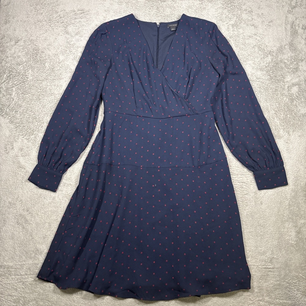 Ann Taylor Red Polka Dot Navy Seamed V-neck Fit Flare Dress‎ Size 2
